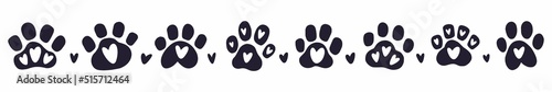Vector, horizontal, children's illustration of hand-drawn paw prints of cats and dogs