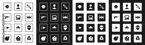 Set Satellite, Astronaut helmet, Ray gun, Planet Saturn, Cosmic ship, Joystick, Alien and Comet falling down fast icon. Vector