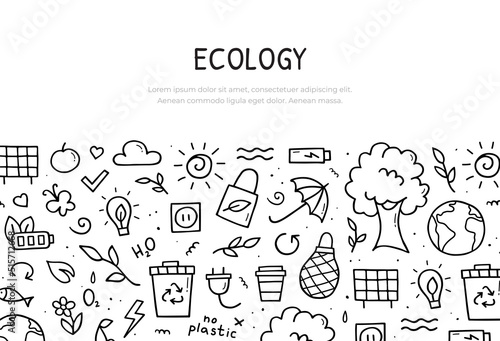 Doodle set of ecology. Banner template. Eco in hand drawn style. Vector illustration.