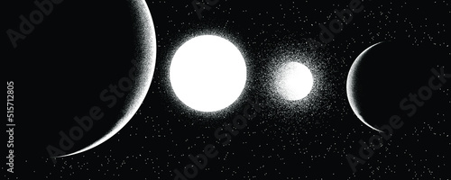 Binary stars and planet in space. Futuristic landscape, with noise texture . Night landscape with starry sky .Vector illustration