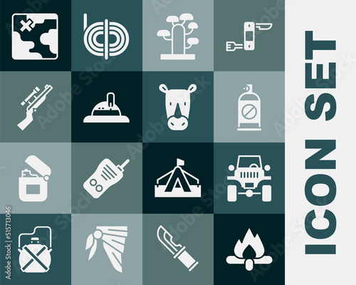 Set Campfire, Off road car, Spray against insects, African tree, Hunter hat, Sniper rifle with scope, safari map and Rhinoceros icon. Vector