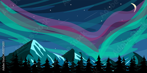 Vector illustration of beautiful winter northern lights. Cartoon forest landscape with night starry sky and snowy mountains in northern lights.
