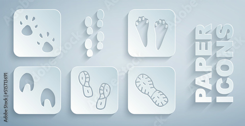 Set Human footprints shoes, Rabbit and hare paw, Horse, and Paw icon. Vector