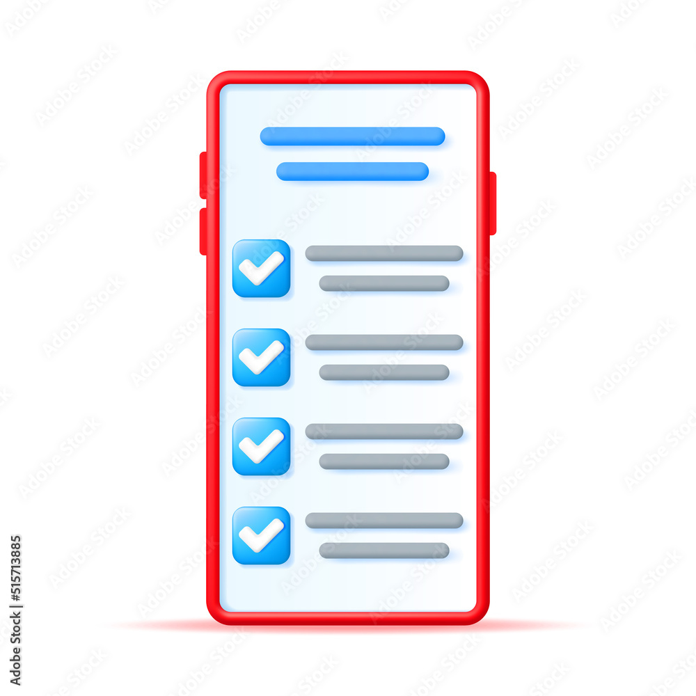 3d Smartphone with Checkmark App Isolated. Render Mobile Phone with Blue Check Mark Icon. Checkmark Tick Confirmation. Right Choice. Agreement, Approval or Trust. Vector Illustration