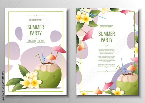 Flyer set with coconut cocktail, cocktail umbrellas and straws, frangipani flowers. Summer beach party, bar, refreshing drinks. Banner, flyer, A4 poster for advertising