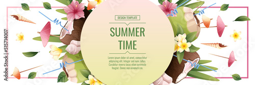 Banner template with beach cocktails in coconut. Beach bar, tropics, summer holidays. Webbaner, poster, flyer, advertising.