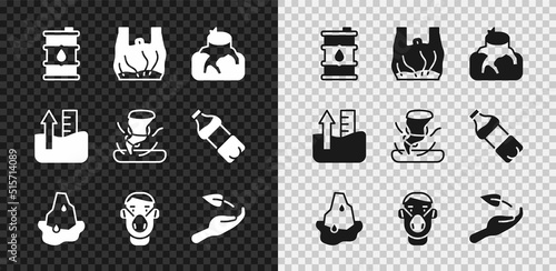 Set Barrel oil, Say no to plastic bags poster, Deforestation, Glacier melting, Face protective mask, Sprout hand, Rise water level and Tornado icon. Vector