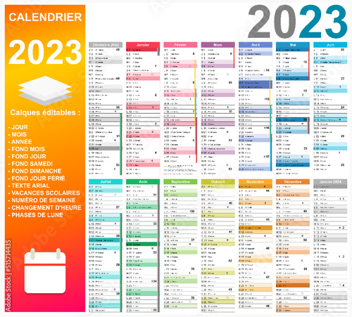 Calendrier 2023 14 mois avec vacances 2023 entièrement modifiable via calques