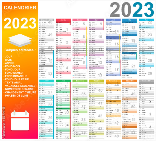 Calendrier 2023 14 mois avec vacances 2023 entièrement modifiable via calques