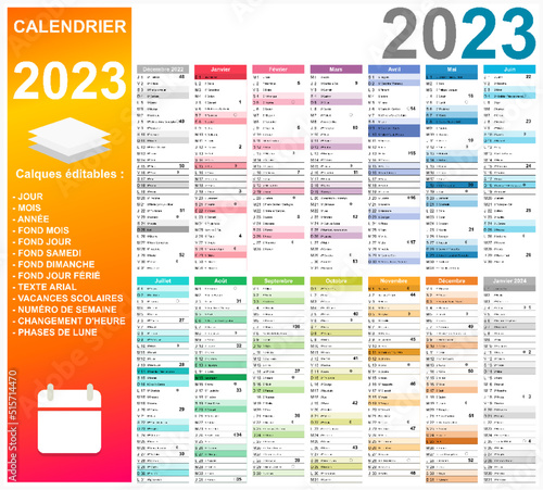 Calendrier 2023 14 mois avec vacances 2023 entièrement modifiable via calques