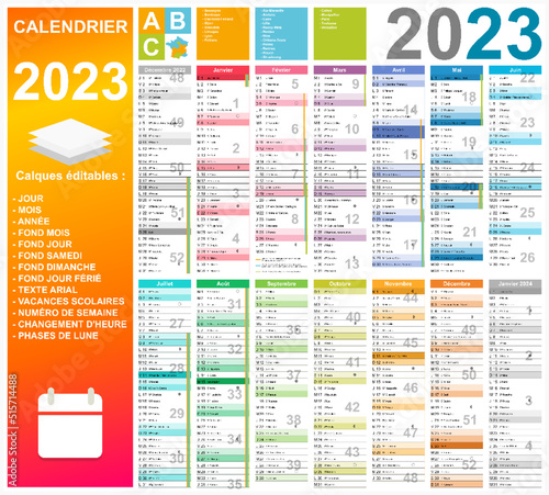 Calendrier 2023 14 mois avec vacances 2023 entièrement modifiable via calques