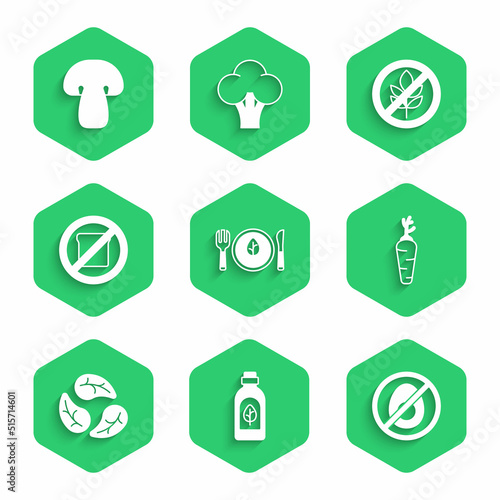 Set Vegan food diet, Essential oil bottle, No meat, Carrot, Leaf or leaves, Gluten free grain, and Mushroom icon. Vector