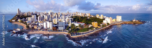 Panorama tip of Salvador with beautiful sunset lighting in a large coastal city with beach, Bahia, Brazil