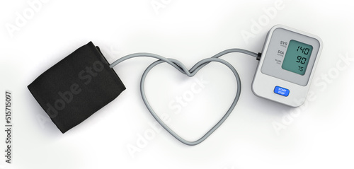 Blood pressure monitor tube in the shape of Heart. Hypertension on concept. 3d illustration. photo
