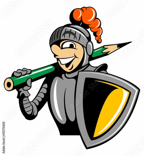 Cartoon style character, knight in the armor, holding the pencil and shield, isolated on white background.