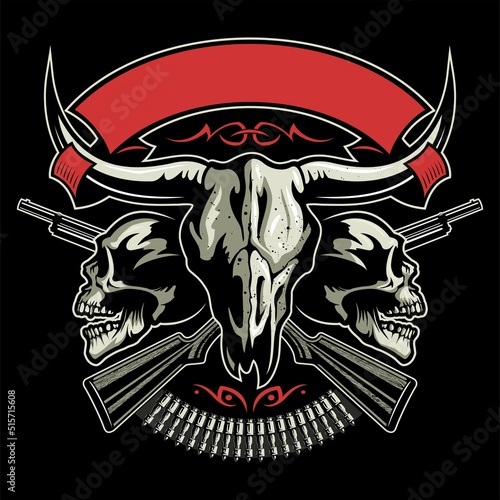 Vector vintage style bull skull with two human skulls, two crossed shotguns, bullets and ornament on background. Vintage style print design.