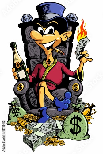 Cartoon style rich man, sitting on the royal throne, smokes a cigar and drinks wine, with lots of money and gold.