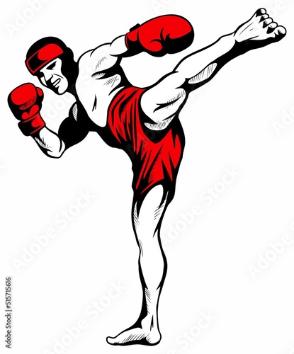 A kickboxer in attack stance, vector image, isolated on white background.