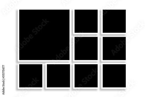 9 Square photo frames in black & white color with clean borders & cool layout. Used as a printable photo collage template to place your album pictures or photographs collection in a classic old style.