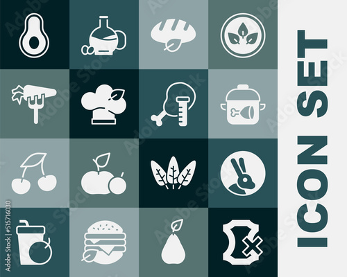 Set No leather, Rabbit, Cooking pot and chicken leg, Vegan bread loaf, food diet, Carrot, Avocado fruit and Genetically modified icon. Vector