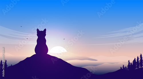 Alone - Cat sitting on hilltop in solitude contemplating in beautiful nature landscape. Vector illustration