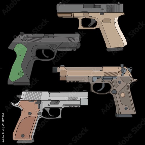 Set of firearms vector style, Shooting gun, Weapon illustration, Vector Line, Gun illustration, Modern Gun, Military concept, Pistol for training
