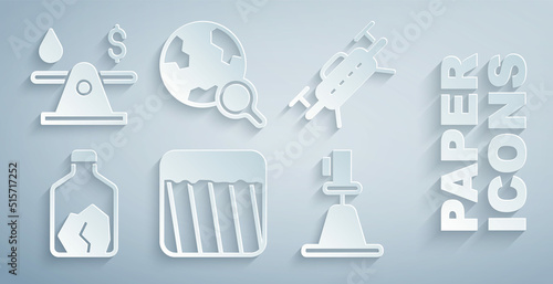 Set Ground, Drone, Ore mining, Tacheometer, theodolite, Magnifying glass with globe and Oil money icon. Vector