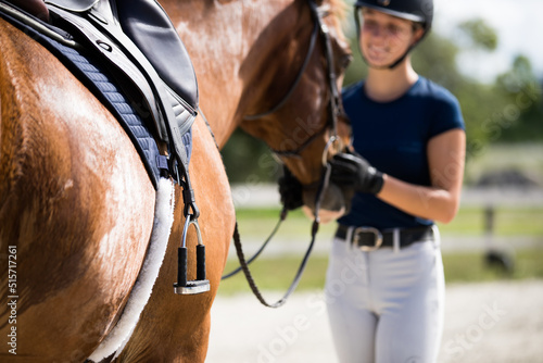 horse and rider standing together