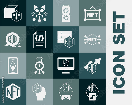 Set NFT Digital crypto art, growth bar chart, Video graphic card, Binary code, and blockchain technology icon. Vector
