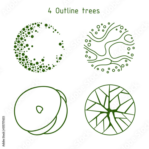 Tree for architectural floor plans. Outline trees. Various trees, bushes, and shrubs, top view for the landscape design plan. Vector illustration.