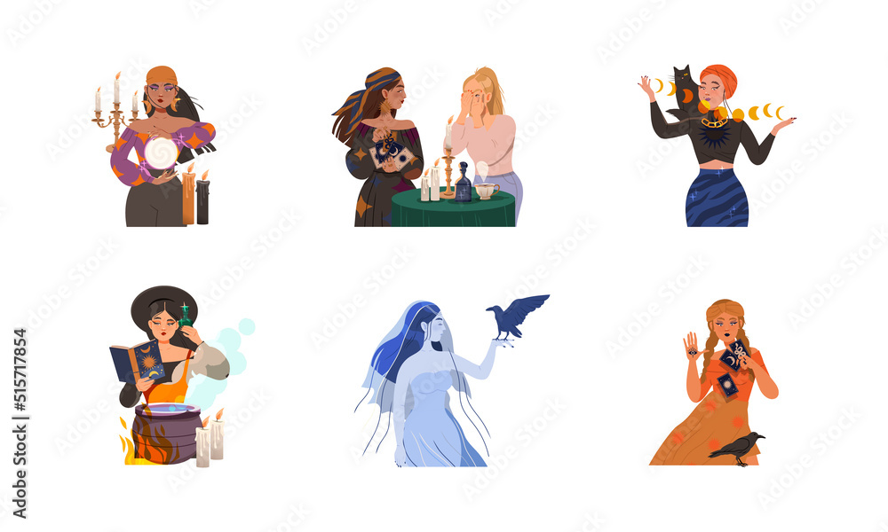 Naklejka premium Occultism, esoteric and divination. Fortune tellers predicting future vector illustration