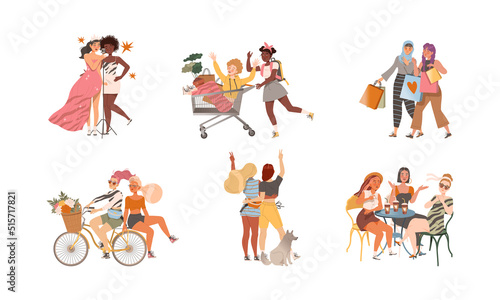 Female friends spending time together set. Girls shopping, riding bike, meeting, singing vector illustration