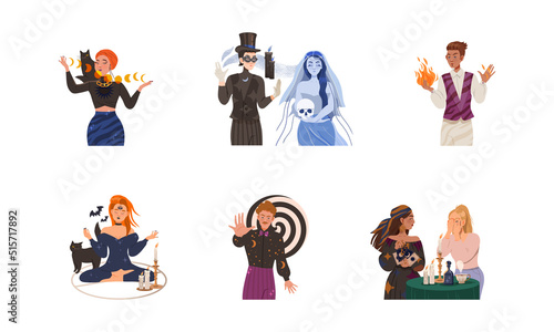 Occultism, esoteric and divination. Fortune teller, psychic or hypnotist characters performing occult rituals vector illustration
