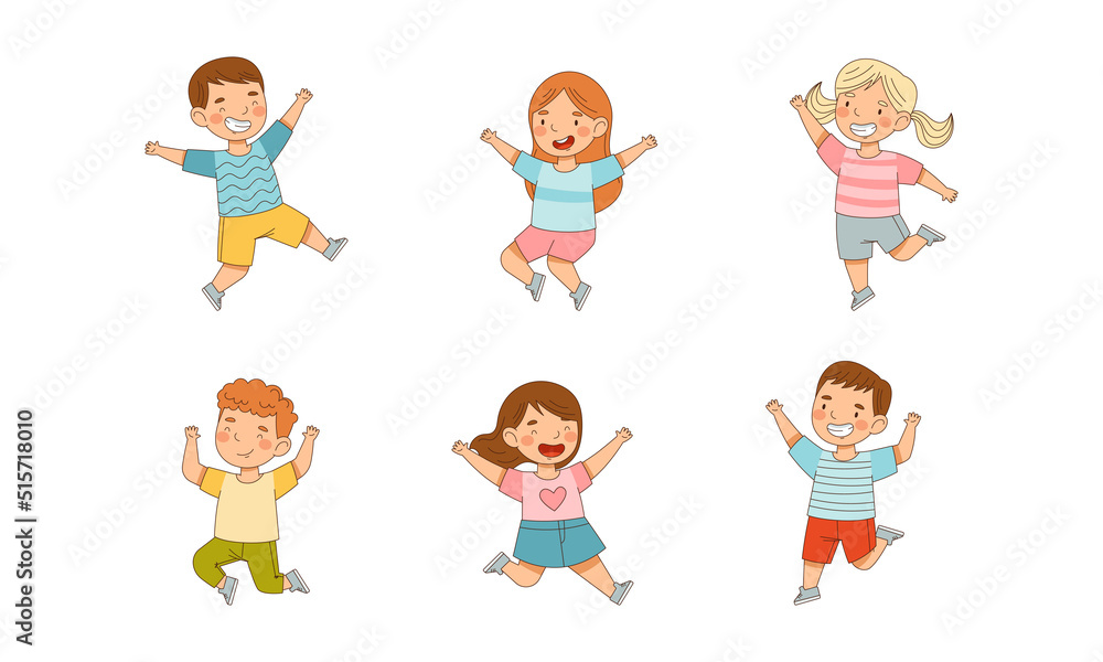 Joyful little boys and girls jumping with their hands raised cartoon vector illustration Joyful little boys and girls jumping with their hands raised cartoon vector illustration