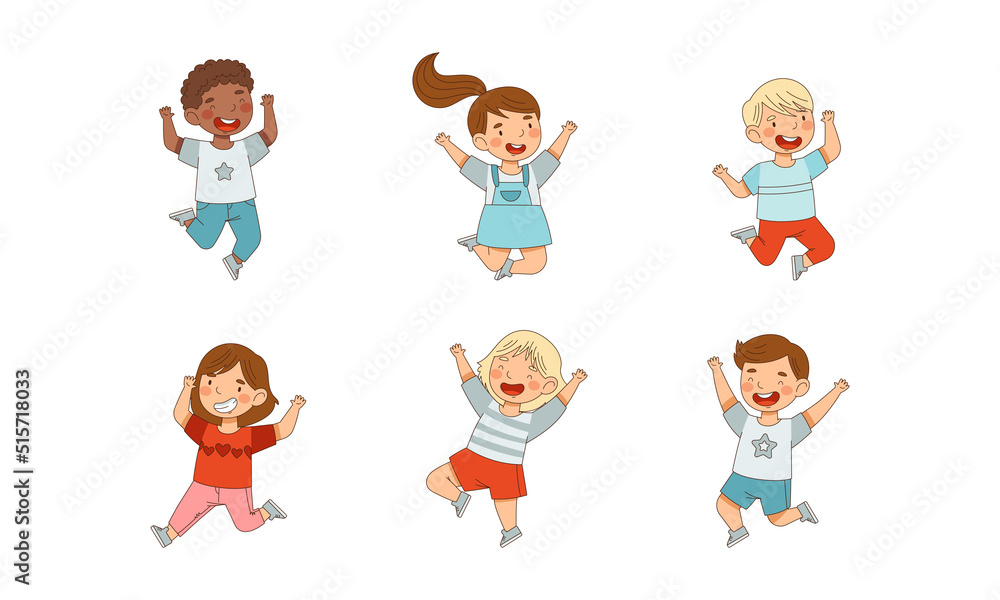 Joyful little boys and girls jumping. Happy kids having fun cartoon vector illustration Joyful little boys and girls jumping. Happy kids having fun cartoon vector illustration