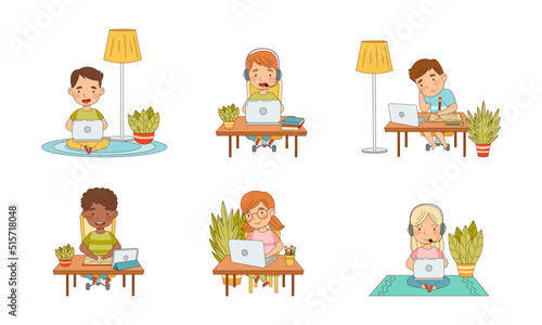 Elementary school students learning online set. Cute kids studying via video or web conference using laptop computers vector illustration