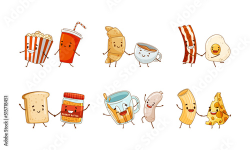 Forever friends set. Croissant and coffe, bacon and eggs, sandwich and peanut butter vector illustration