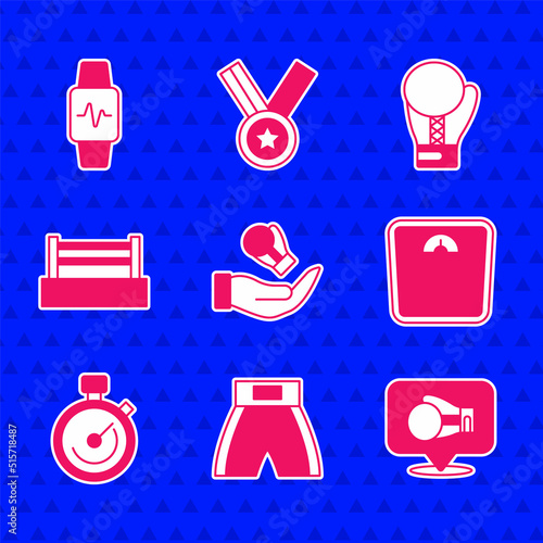 Set Boxing glove, short, Bathroom scales, Stopwatch, ring, and Smart with heart icon. Vector