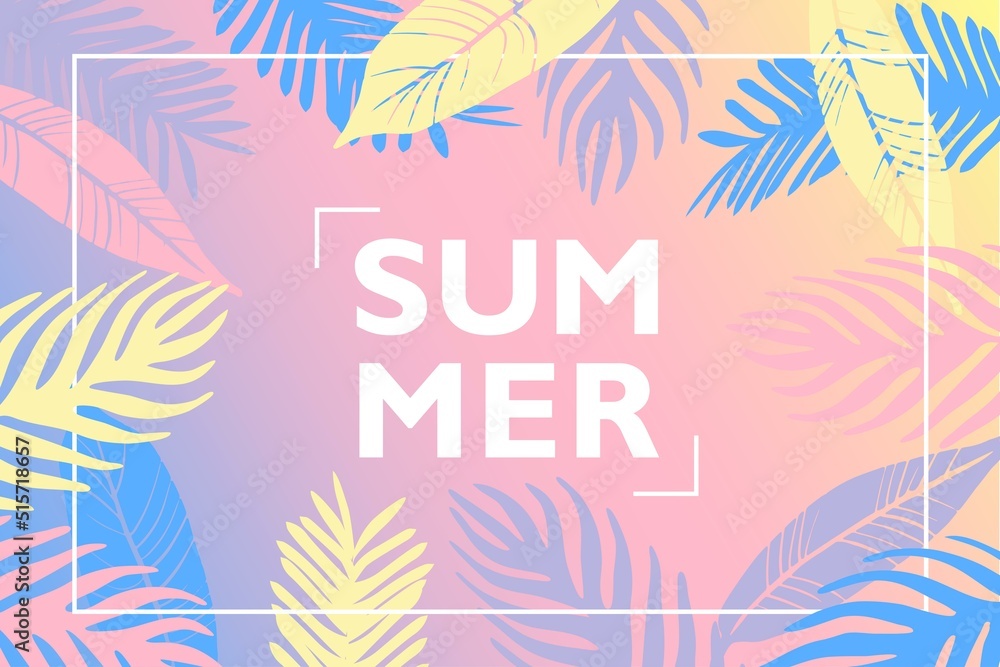 Summer tropical background with palm leaves. Pastel resort concept for poster, web baner design.