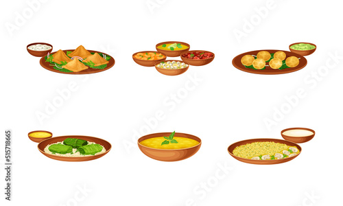 Syrian cuisine food set. Traditional Arabian cuisine dishes served on plates vector illustration