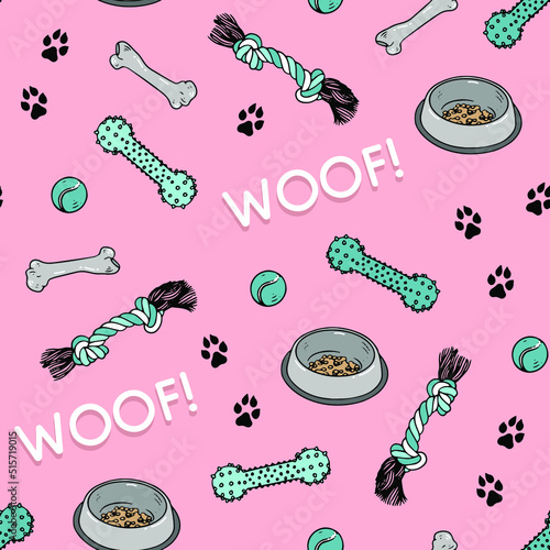 Seamless vector pattern with dog paws print, Woof text, plate, ball, bone and toys. Animal footprint on pink background.
