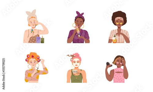 Women beauty routine set. Beautiful girls applying eye patches and cream, putting mascara, painting nails vector illustration