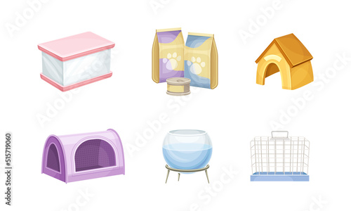 Pets supplies set. Food and accessories for cats and dogs care vector illustration