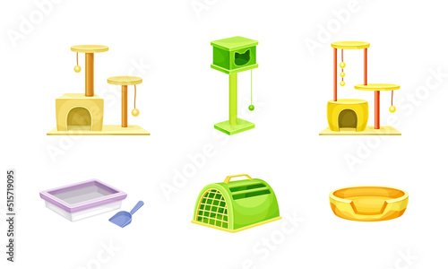 Pets supplies set. Scratching post, bed, toilet and scoop, accessories for cats and dogs care vector illustration