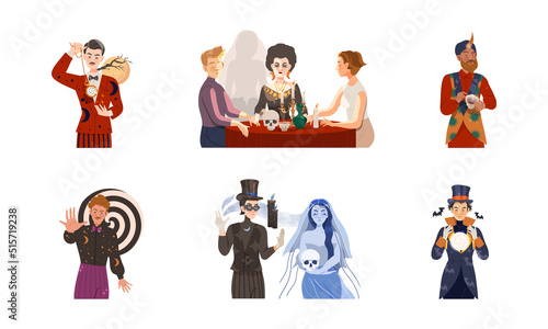 Occultism, esoteric and divination. Fortune teller, mentalist, psychic or hypnotist characters vector illustration