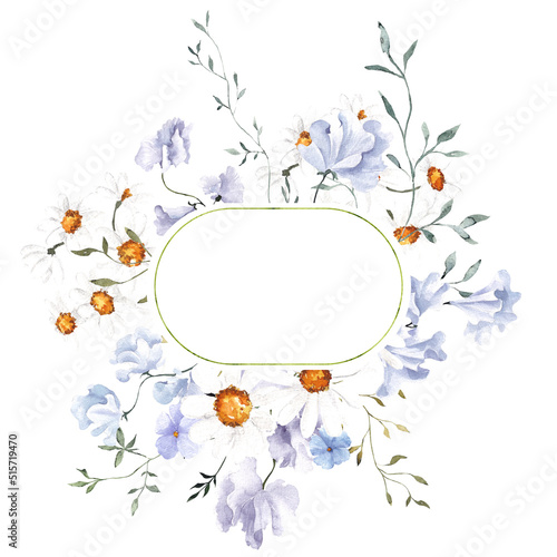 Watercolor frame with wildflowers and herbs, isolated on white background