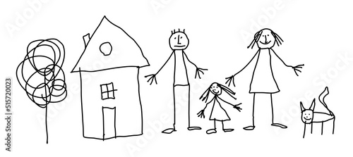 Children's careless drawing of a family near the house with a pet. Mom, dad, daughter and dog for a walk.