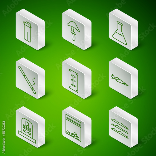 Set line Cocaine or heroin drug, Plastic bag of, Lighter, Blade razor, Cigarette, Psilocybin mushroom, Tombstone with RIP written and Marijuana joint icon. Vector