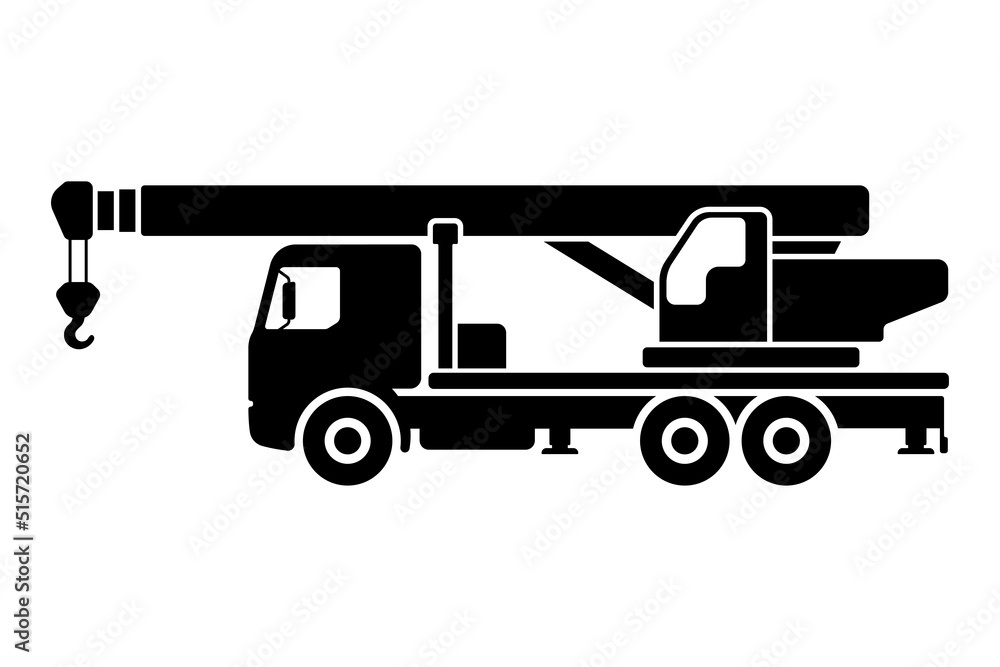 Truck crane icon. Crane on chassis. Black silhouette. Side view. Vector simple flat graphic illustration. Isolated object on a white background. Isolate.