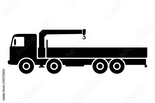 Big truck crane manipulator icon. Black silhouette. Side view. Vector simple flat graphic illustration. Isolated object on a white background. Isolate.